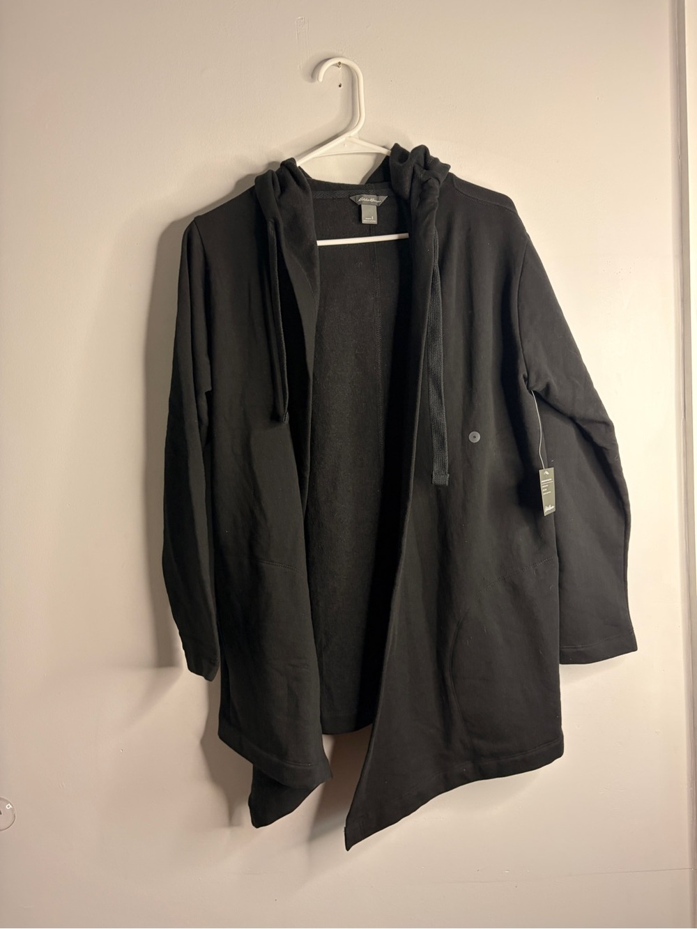 NWT Eddie Bauer Cozy Camp Wrap Black Draped Hooded Open Coat Small